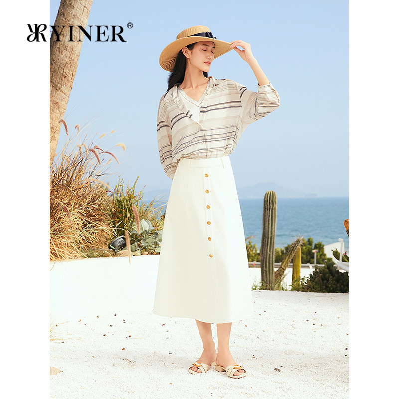 【真丝系列】YINER音儿2025夏季新款弹力桑蚕丝衬衫撞色条纹