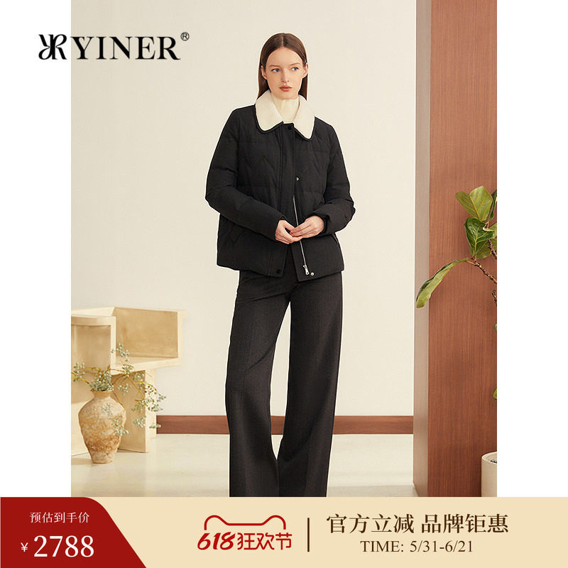 YINER音儿冬季新款巴恩风撞色翻领拼接毛领短款鹅绒羽绒服