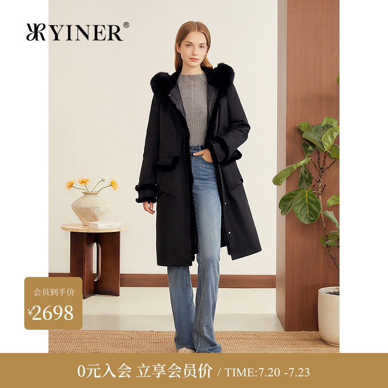 YINER音儿专选冬季新款可拆卸内胆水貂毛镶边狐狸毛领羽绒服
