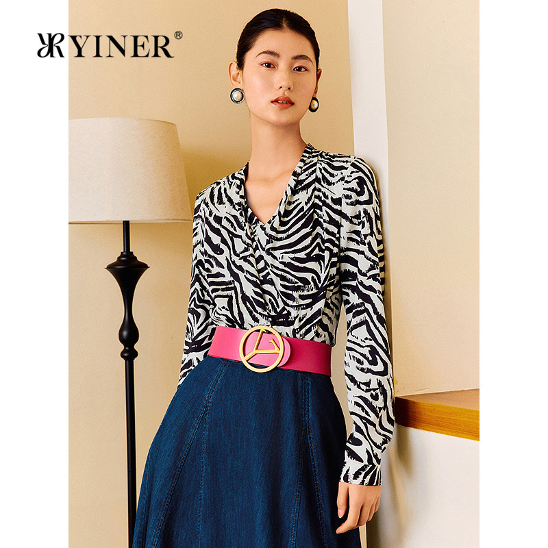 YINER音儿女装春季1996系列假两件斑马纹桑蚕丝衬衫长袖上衣女