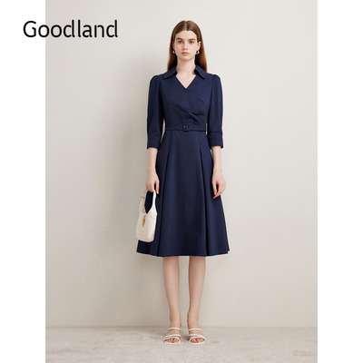 【博主同款】Goodland美地秋季衬衫交叠V领法式A摆连衣裙