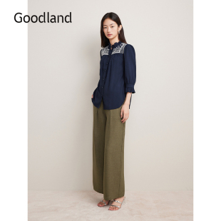 荷叶花边领上衣 钉珠刺绣衬衫 Goodland美地秋季 法式