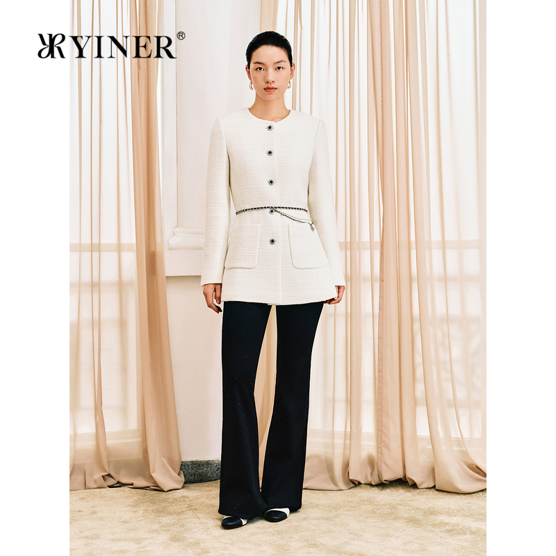 YINER音儿女装女装冬季时尚法式小香风圆领羊毛混纺短外套