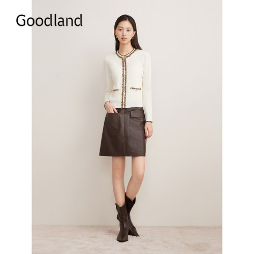 Goodland美地女装女装冬季时尚法式撞色双层珠片毛针织衫