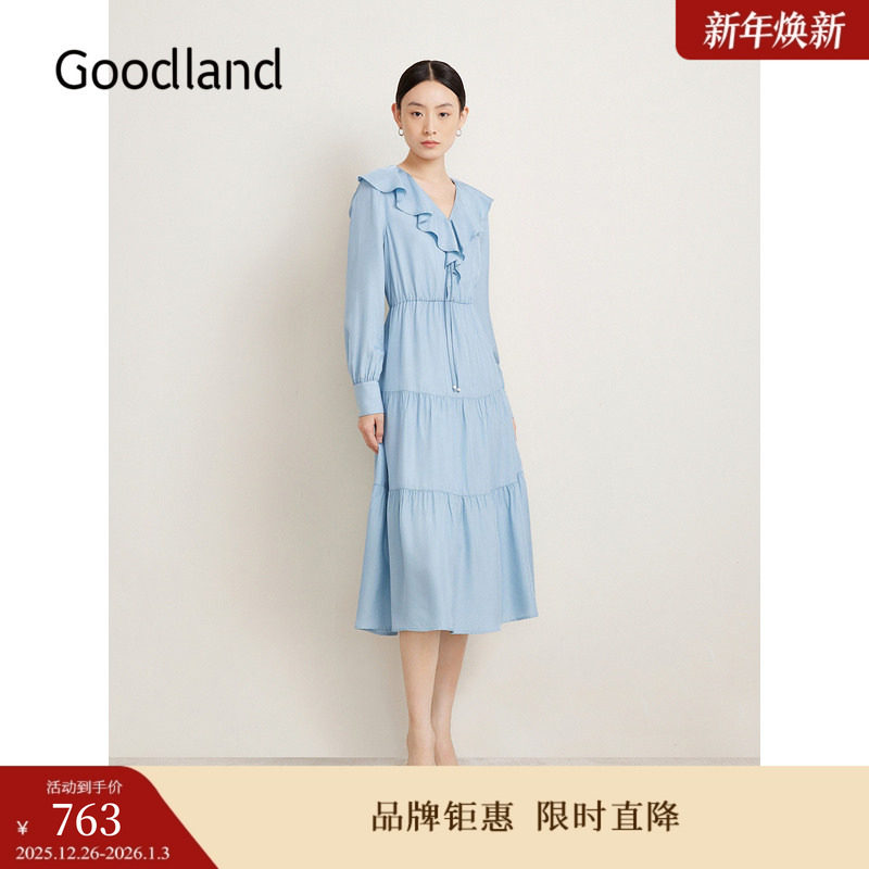 【醋酸系列】Goodland美地春季法式优雅荷叶边仙女裙连衣裙