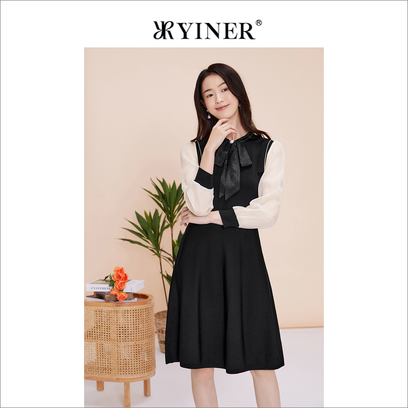 YINER音儿专选女装春季法式优雅蝴蝶结领撞色公主袖连衣裙