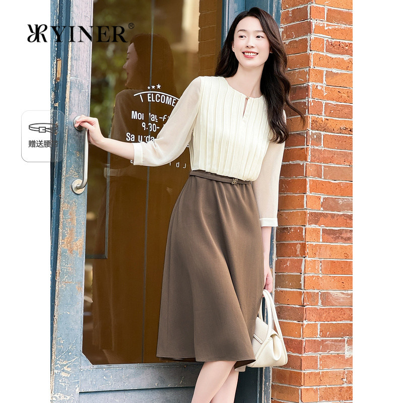 【优雅衣橱】YINER音儿专选秋季法式风琴褶雪纺轻薄假两件连衣裙