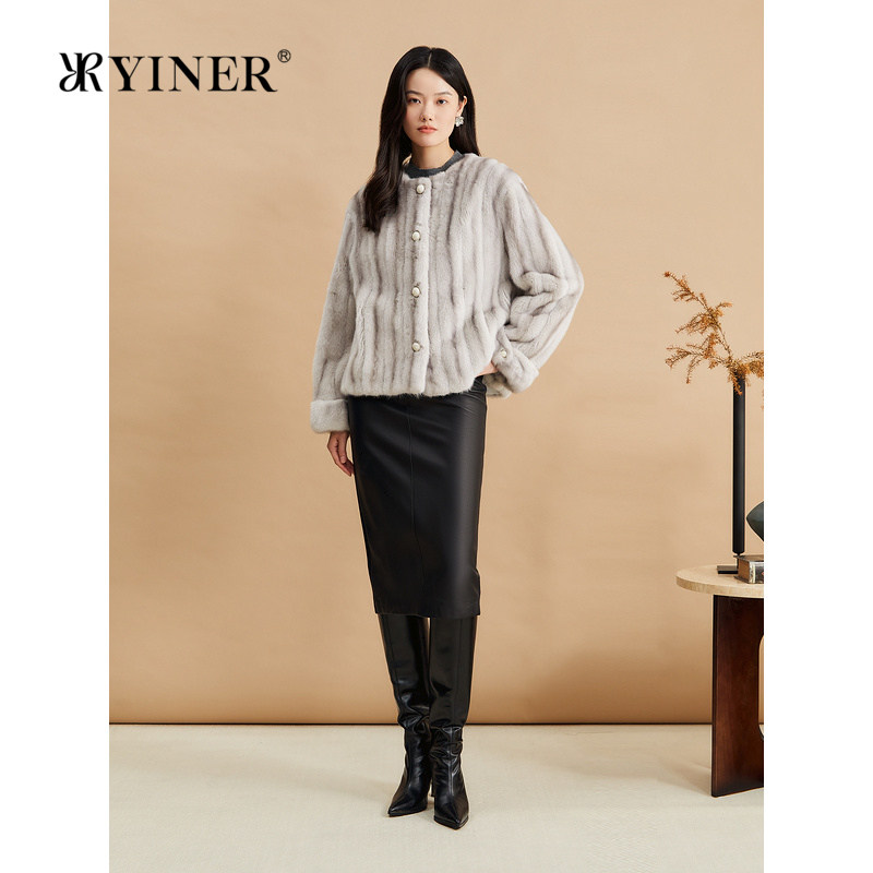 YINER音儿2024冬季新款丹麦进口天鹅绒级水貂毛皮真皮皮草
