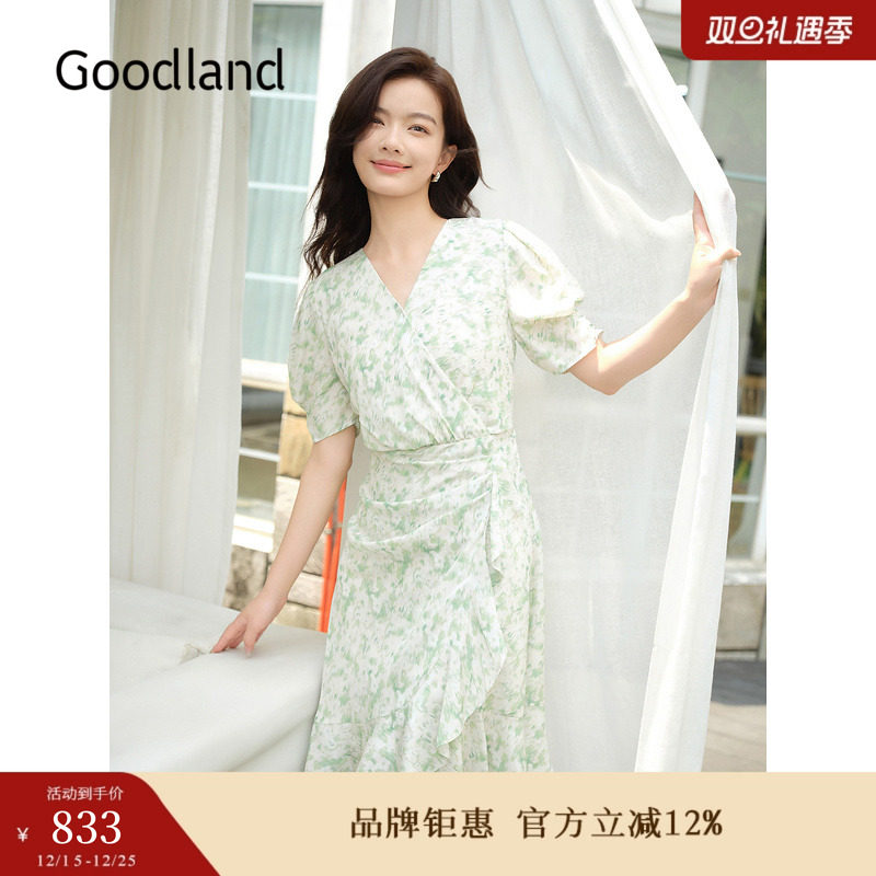 【真丝系列】Goodland美地夏季桑蚕丝收褶连衣裙