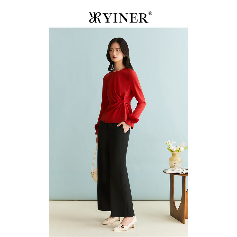 【中国红】YINER音儿女装冬季醋酸貂皮袖带收褶安可拉红衬衫