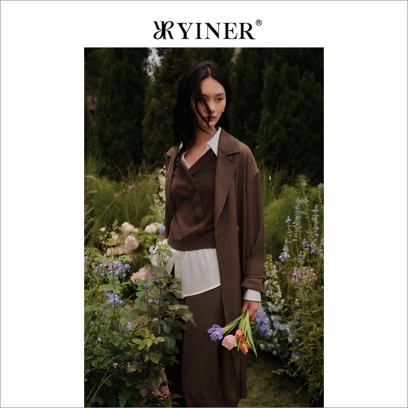 【美拉德】YINER音儿女装秋季复古长款双排扣风衣外套