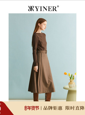 YINER音儿女装冬季时尚绵羊毛拼接针织收腰A字连衣裙