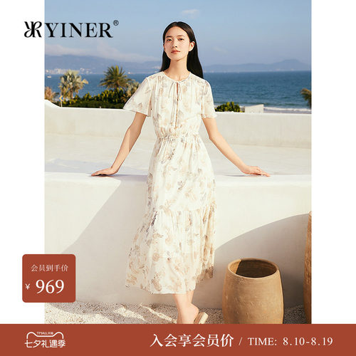 YINER音儿女装夏季优雅时尚印花系带半开领弹力桑蚕丝连衣裙