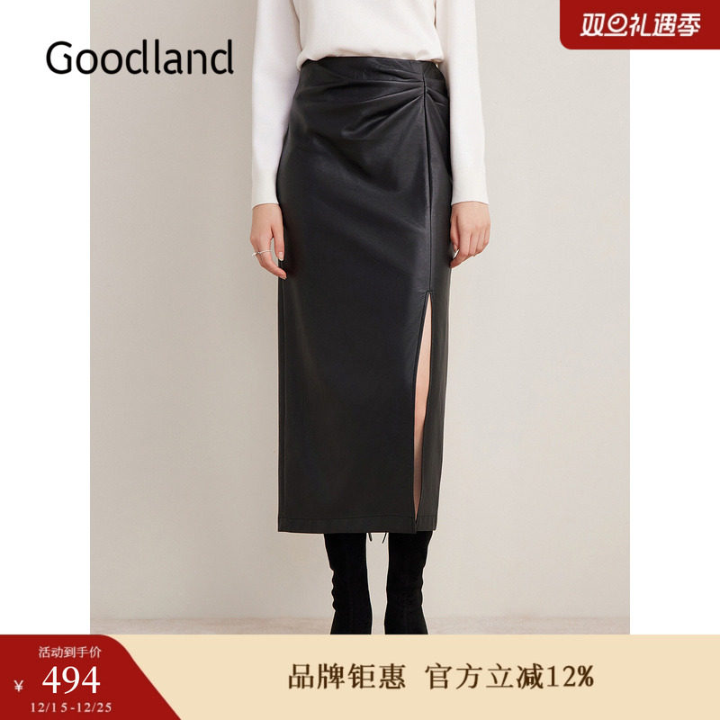 Goodland美地女装冬季时尚开衩包臀光泽感摩登PU皮半身裙