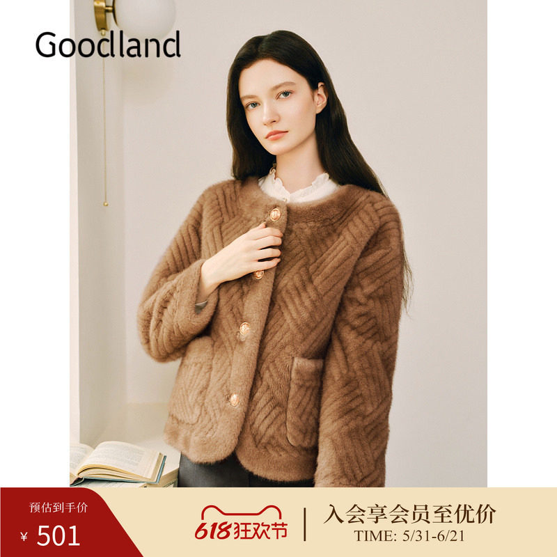 Goodland美地女装冬季时尚编织纹理小香风休闲仿皮草短外套