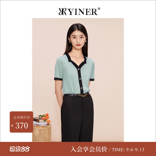 YINER音儿夏季方领撞色针织衫
