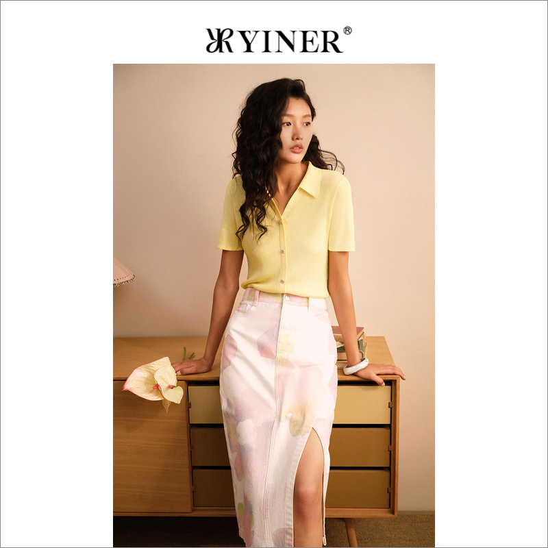 YINER音儿女装夏季不规则纯棉开衩包臀半身裙