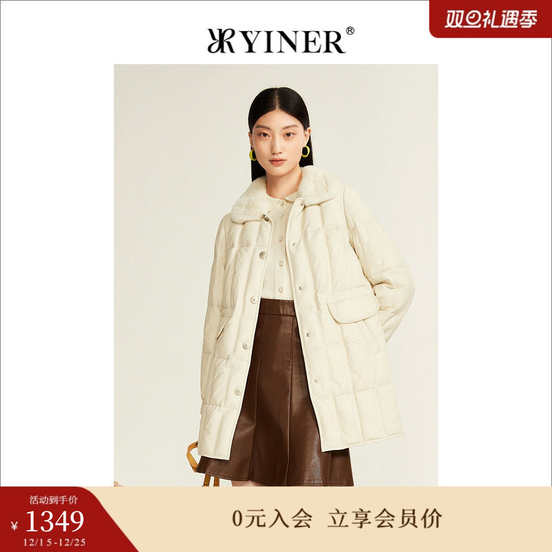 YINER音儿专选女装冬季优雅中长款保暖獭兔毛领真皮羽绒服