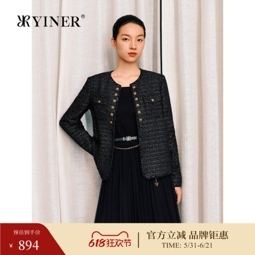 YINER音儿春季法式小香风星光闪丝花纱优雅圆领短外套