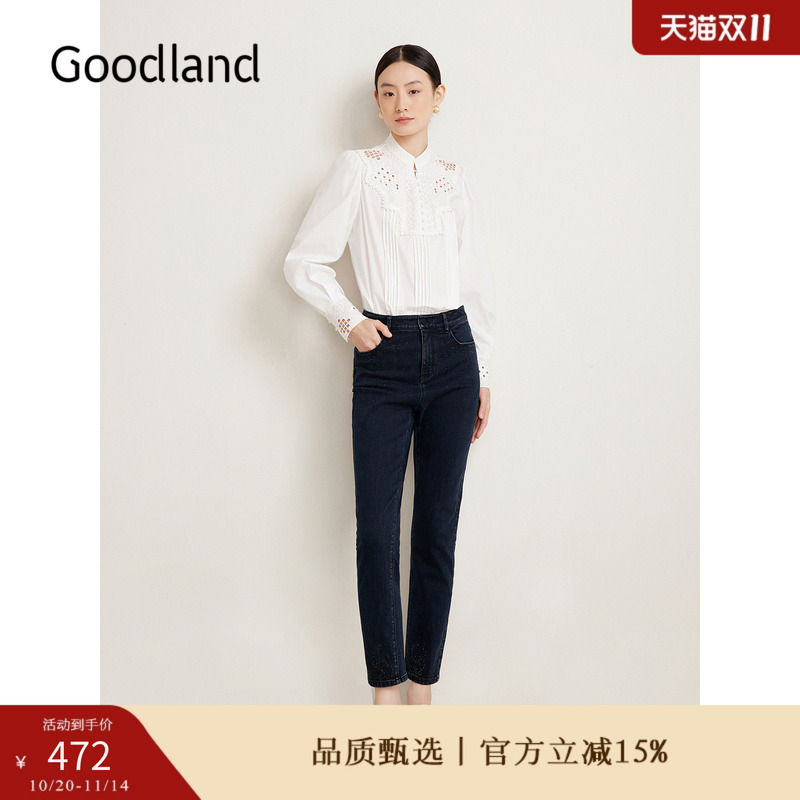 Goodland美地女装春季法式优雅烫钻百搭高腰长裤牛仔裤