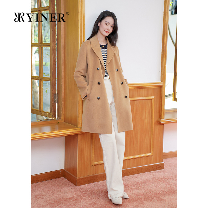 【美丽诺羊毛】YINER音儿专选女装冬季时尚双面毛呢大衣驳领外套