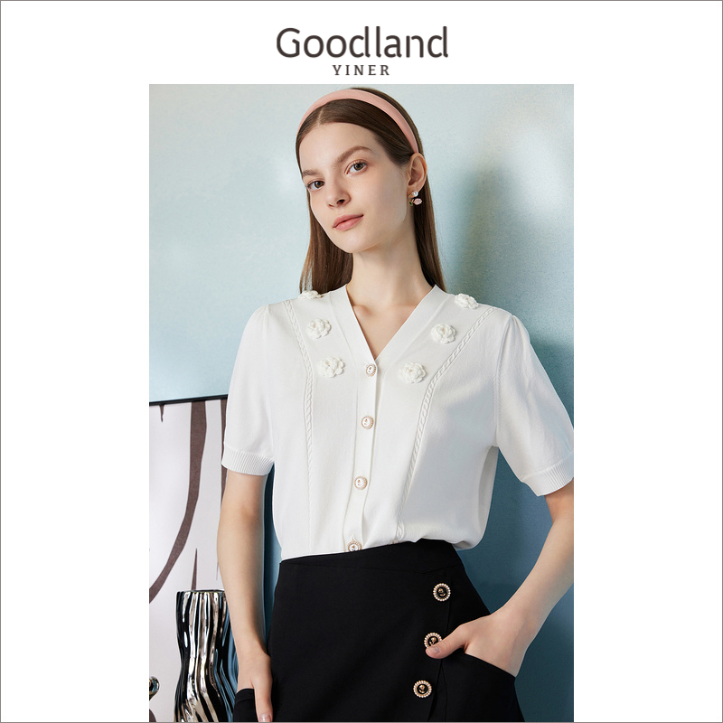 【玫瑰诗行】Goodland美地女装夏季立体织花V领针织衫