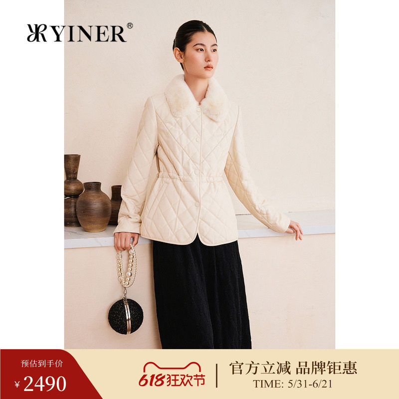 YINER音儿专选春季新款獭兔毛领羊皮真皮皮衣骆驼毛绒棉服