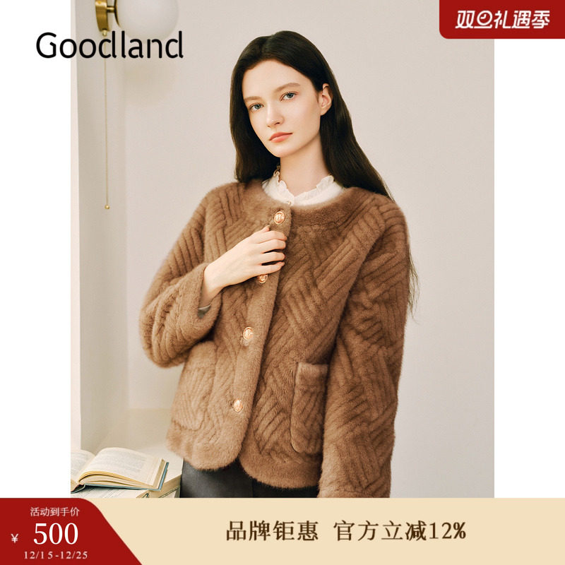 Goodland美地女装冬季时尚编织纹理小香风休闲仿皮草短外套