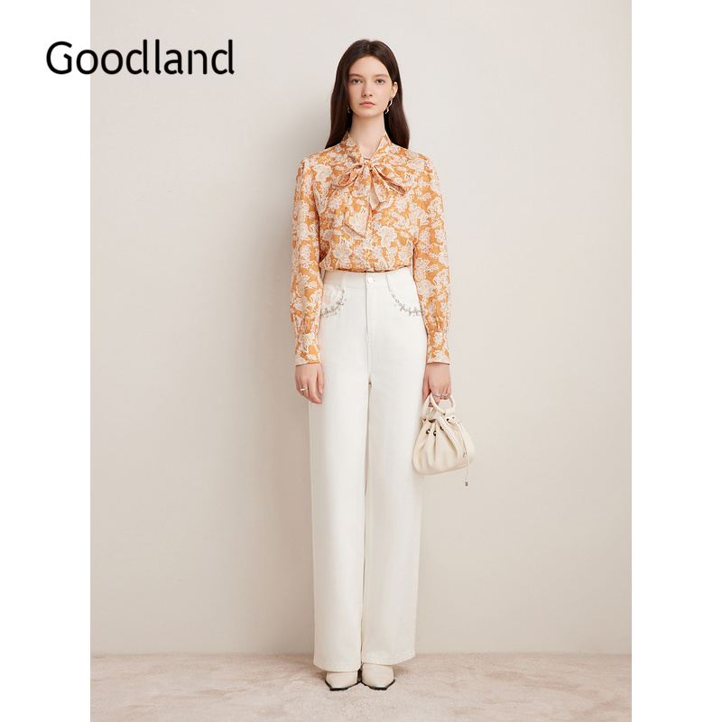 Goodland美地秋季法式朱伊碎花衬衫飘带领印花上衣