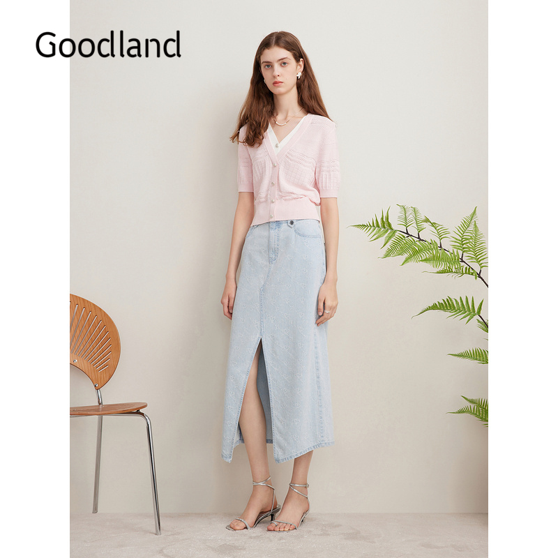 Goodland美地夏季撞色V领假两件毛针织衫法式优雅上衣