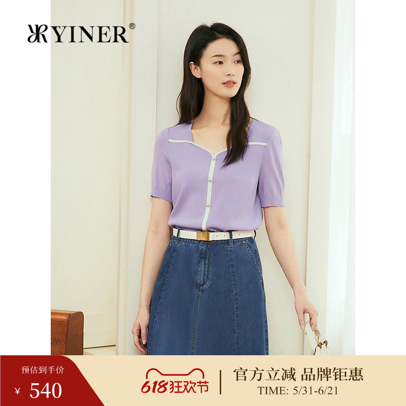 【周末花园】YINER音儿专选夏季新款短袖撞色Y字海鸥领针织衫