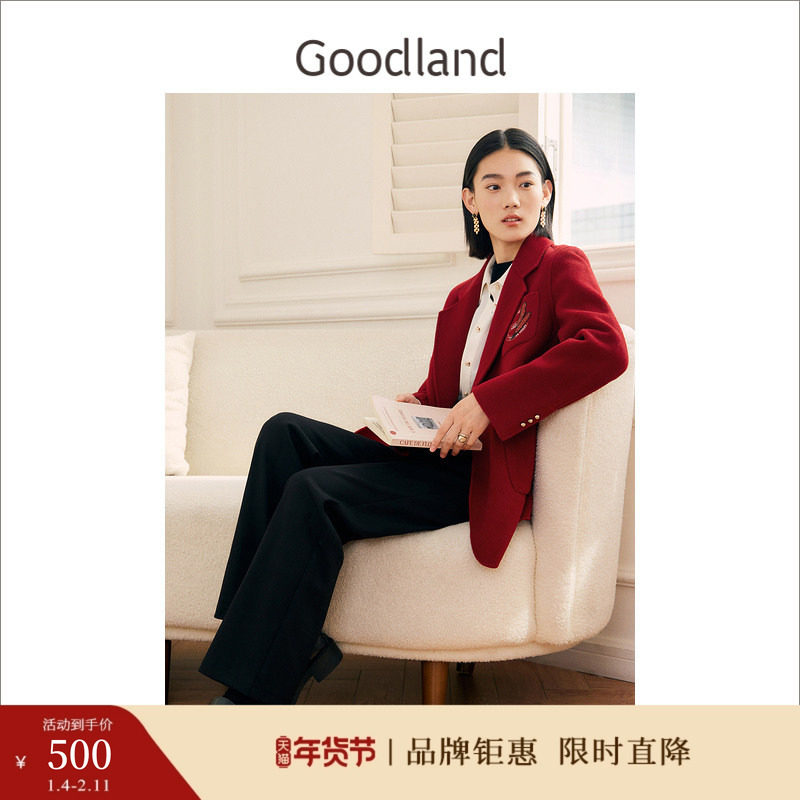 【中国红】Goodland美地女装冬季短款绣花西装领纯羊毛双面呢外套,女装/女士精品,毛呢外套,淘宝优惠券,粉丝福利购,淘宝优惠卷