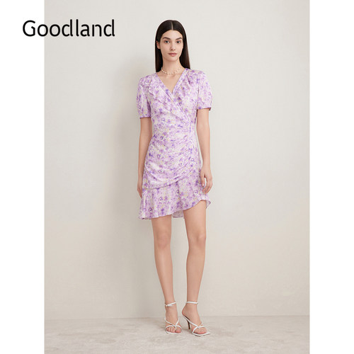 【博主同款】Goodland美地夏季真丝浪漫印花荷叶边连衣裙