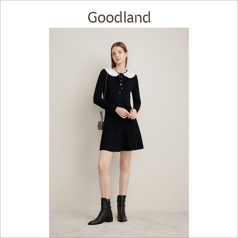 Goodland美地女装春季法式优雅娃娃领小黑裙羊毛连衣裙