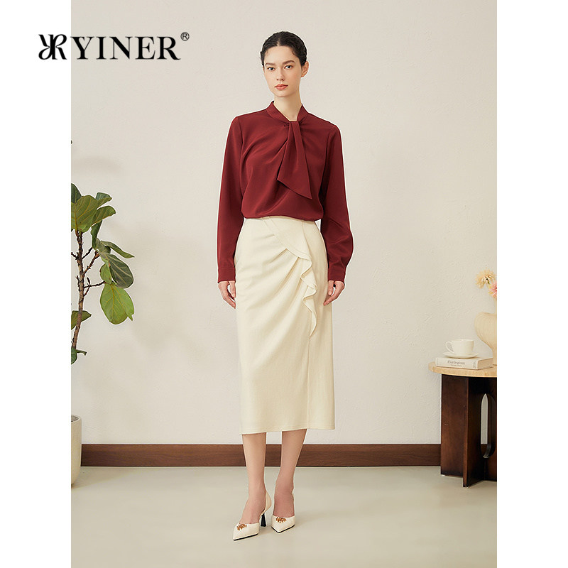 YINER音儿女装秋季优雅弹力重绉蚕丝混纺飘带领衬衫高知上衣长袖