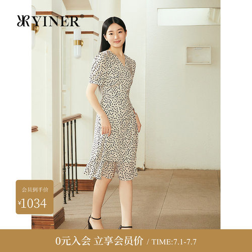 YINER音儿专选夏季新款法式X型收腰荷叶边樱桃印花连衣裙