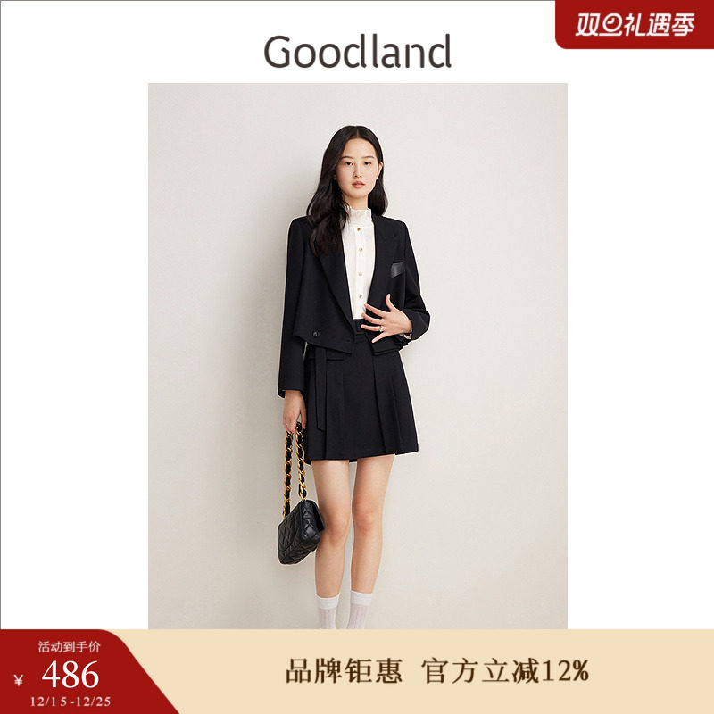 Goodland美地春季法式优雅百褶减龄小黑裙羊毛A字半身裙