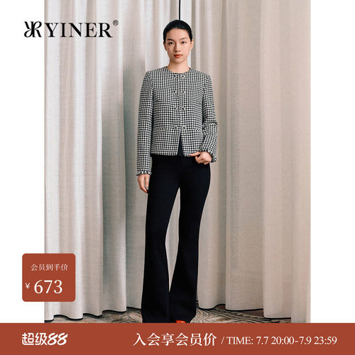 YINER音儿女装女装冬季时尚法式复古千鸟格粗花纱圆领短外套