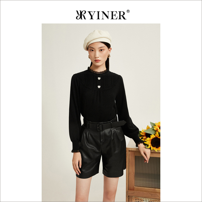 【美丽诺羊毛】YINER音儿专选女装冬蕾丝拼接爱心钉钻针织衫