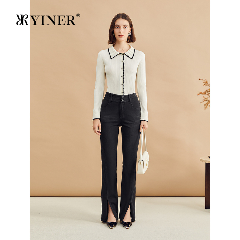 YINER音儿专选女装冬季时尚撞色黑边翻领单排扣针织衫套头