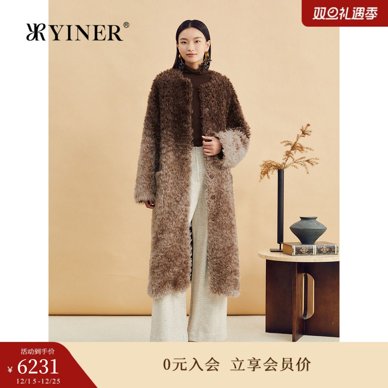 YINER音儿女装冬季时尚优雅长款渐变马海毛大衣环保羊毛皮草外套