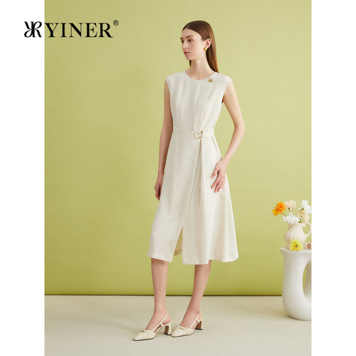 YINER音儿专选夏季自然仿麻微皱肌理法式优雅连衣裙