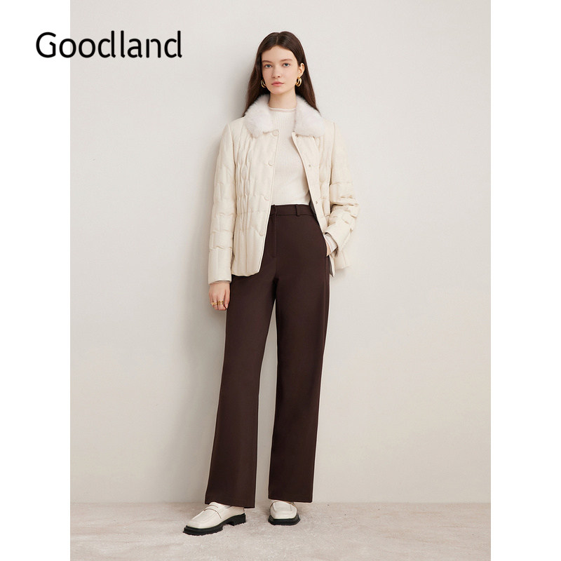 Goodland美地女装女装冬季时尚水貂毛领羊皮真皮皮衣短款羽绒服