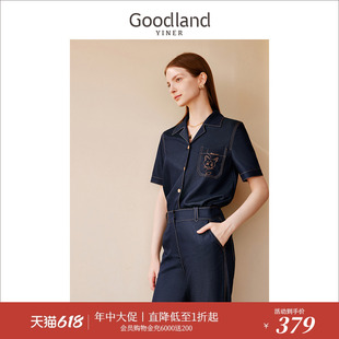 夏季 Goodland美地女装 衬衫 赫本猫联名 复古翻领短袖