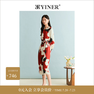 YINER音儿女装冬款时尚艺术印花系带收腰羊毛蚕丝混纺连衣裙