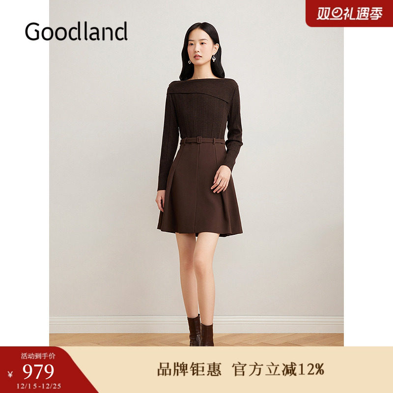 Goodland美地女装冬季时尚羊毛混纺一字领翻领A字针织连衣裙