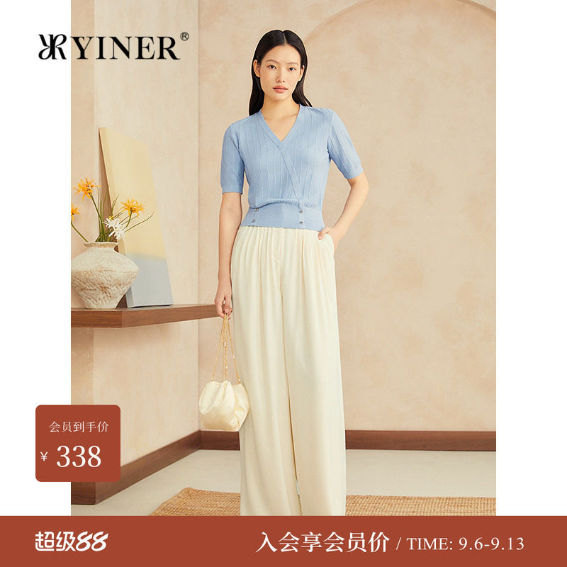 YINER音儿女装夏季优雅时尚V领亮丝肌理桑蚕丝混纺针织衫图片