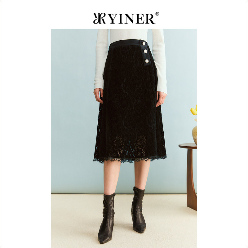 YINER音儿专选女装冬季丝绒蕾丝过膝小黑裙半身裙