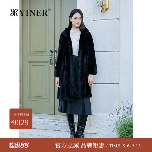 YINER音儿专选2025冬季新款奢感长款连帽整貂母貂水貂毛皮草外套