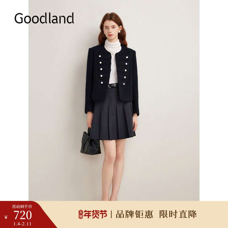 Goodland美地秋季小香风纯绵羊毛纽扣装饰短款外套,女装/女士精品,毛呢外套,淘宝优惠券,粉丝福利购,淘宝优惠卷